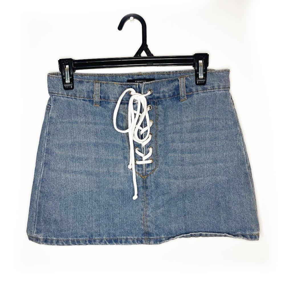 FOREVER21 Lace Up Jean Mini Skirt